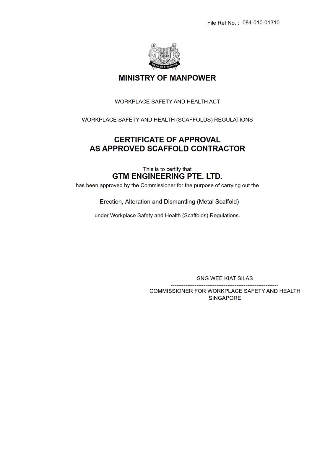 Ministry of Manpower Approved Scaffold Contractor certificate