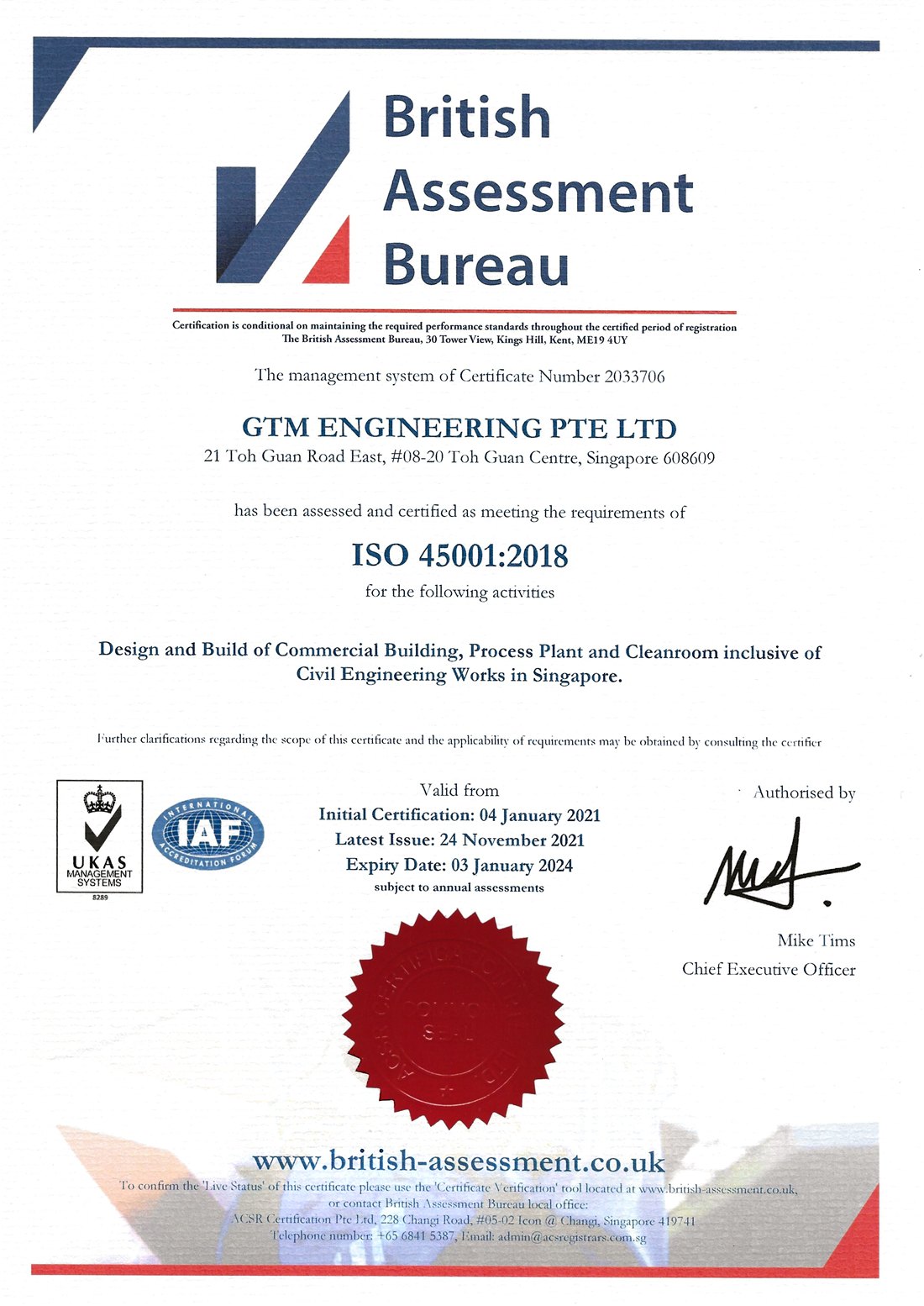 ISO 45001:2018 Occupational Health & Safety certification